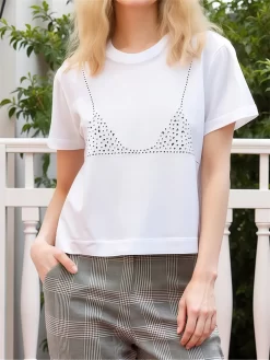 Women's Summer Loose Tee Tops Rhinestone Bra Pattern Short Sleeve Round-Neck Novelty T-Shirt