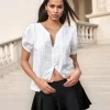 Women's Button Down Blouse Stylish Solid White V Neck Short Sleeve Tops for Summer T-Shirts