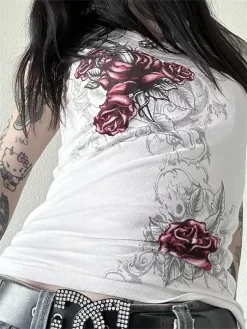 Women's Gothic Print Tops Summer Short Sleeve Round Neck Trendy Slim Fit Baby Tees Summer Casual T-Shirts (Copy)