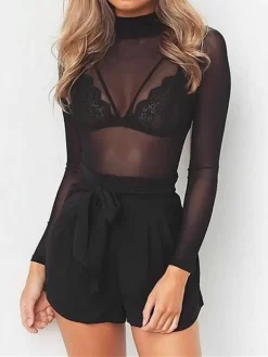 Women Mesh T-shirt Long Sleeve Mock Neck Slim Fit Tops Beach Club Sexy See Through Shirts Cover-ups Female Streetwear